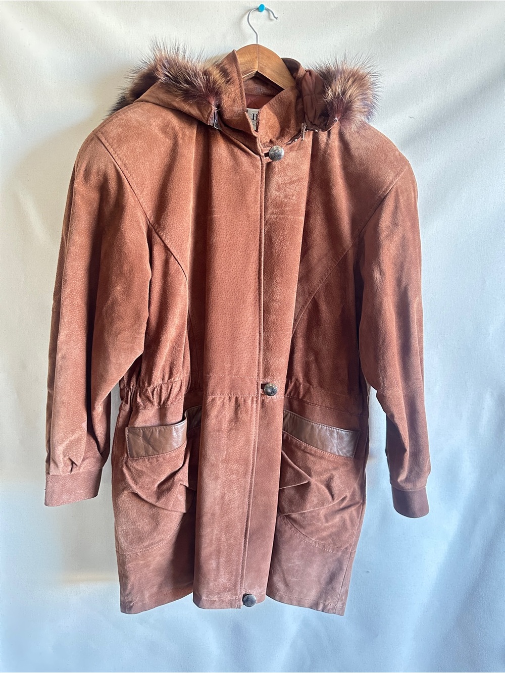 Vintage Women's Suede Hooded Coat with Faux Fur Trim - Rust